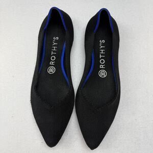 Rothys Flats Womens W8 Pointed Toe Knit Black Blue Trim Slip On Ballet Comfort